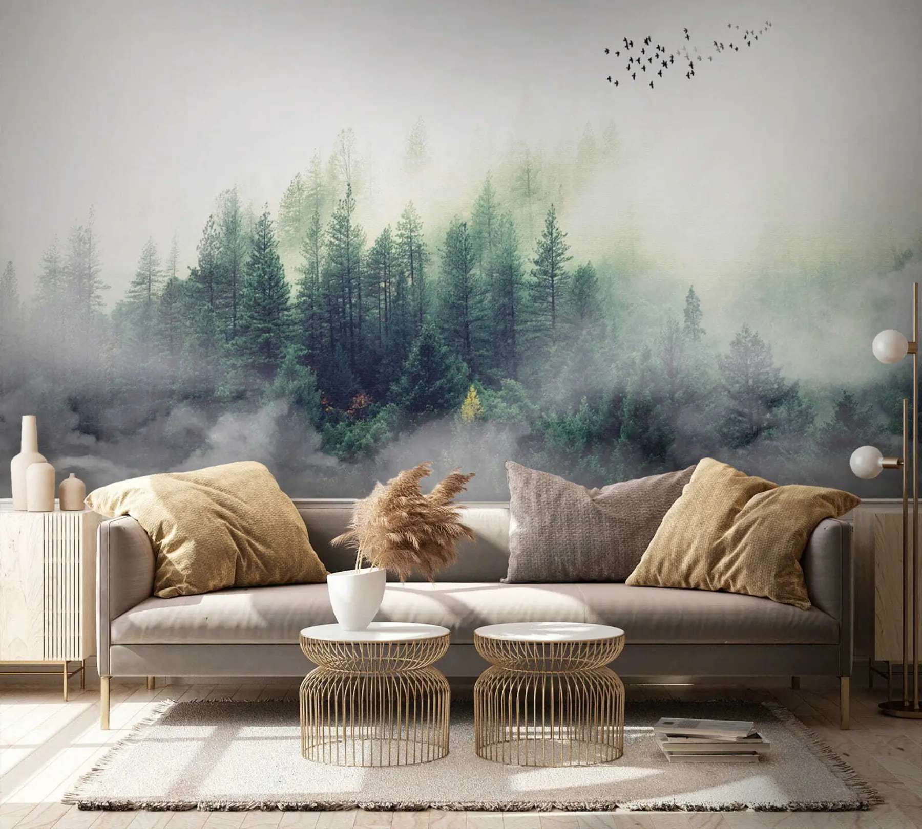 fototapeter Skog og fugler i tåke u10882
