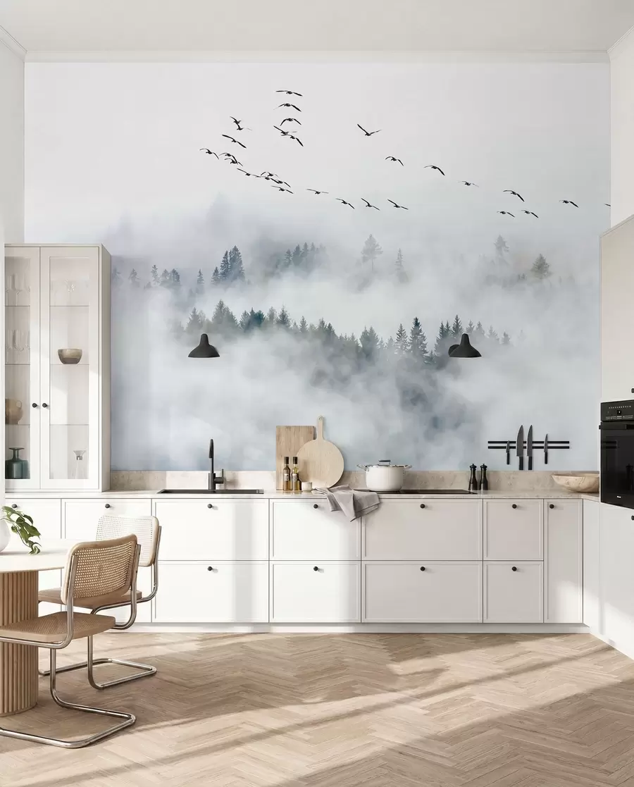 fototapeter Tåkeskog og fugler u32480