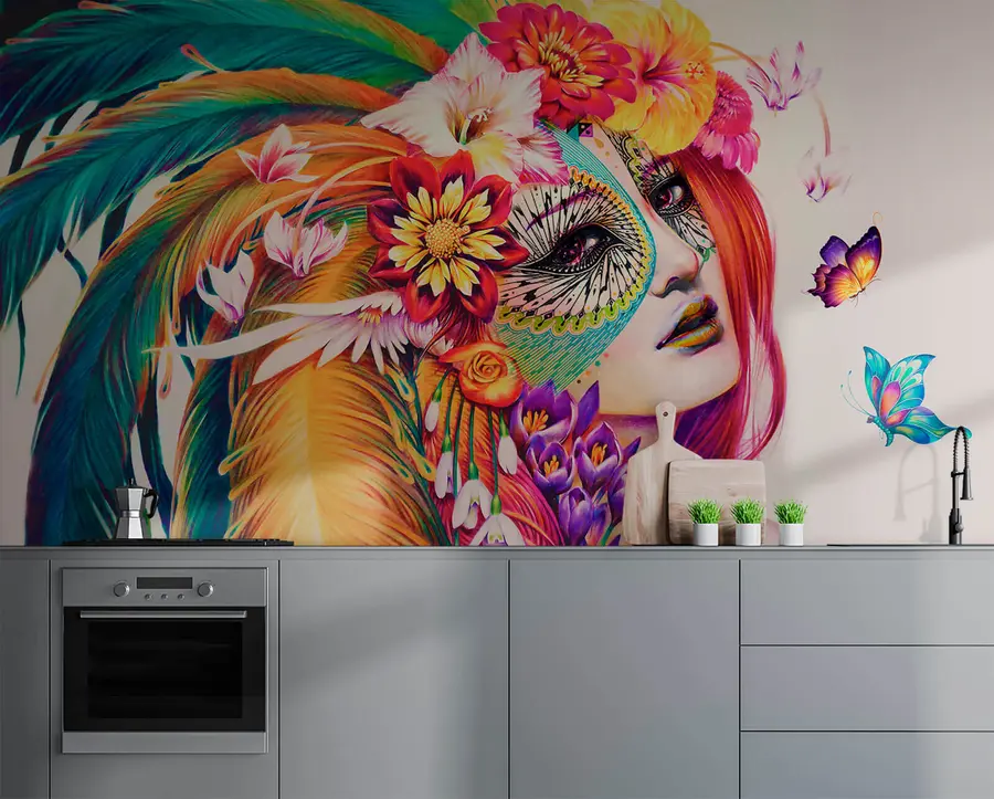 fototapeter Jente med fjær og blomster u46277