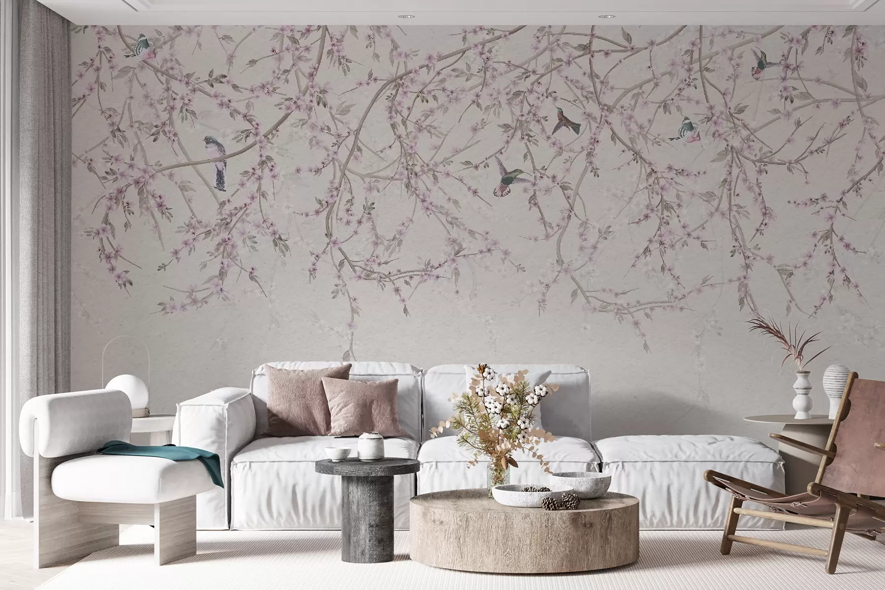 fototapeter Blomstergrener og fugler i melkeaktige farger u58941v2