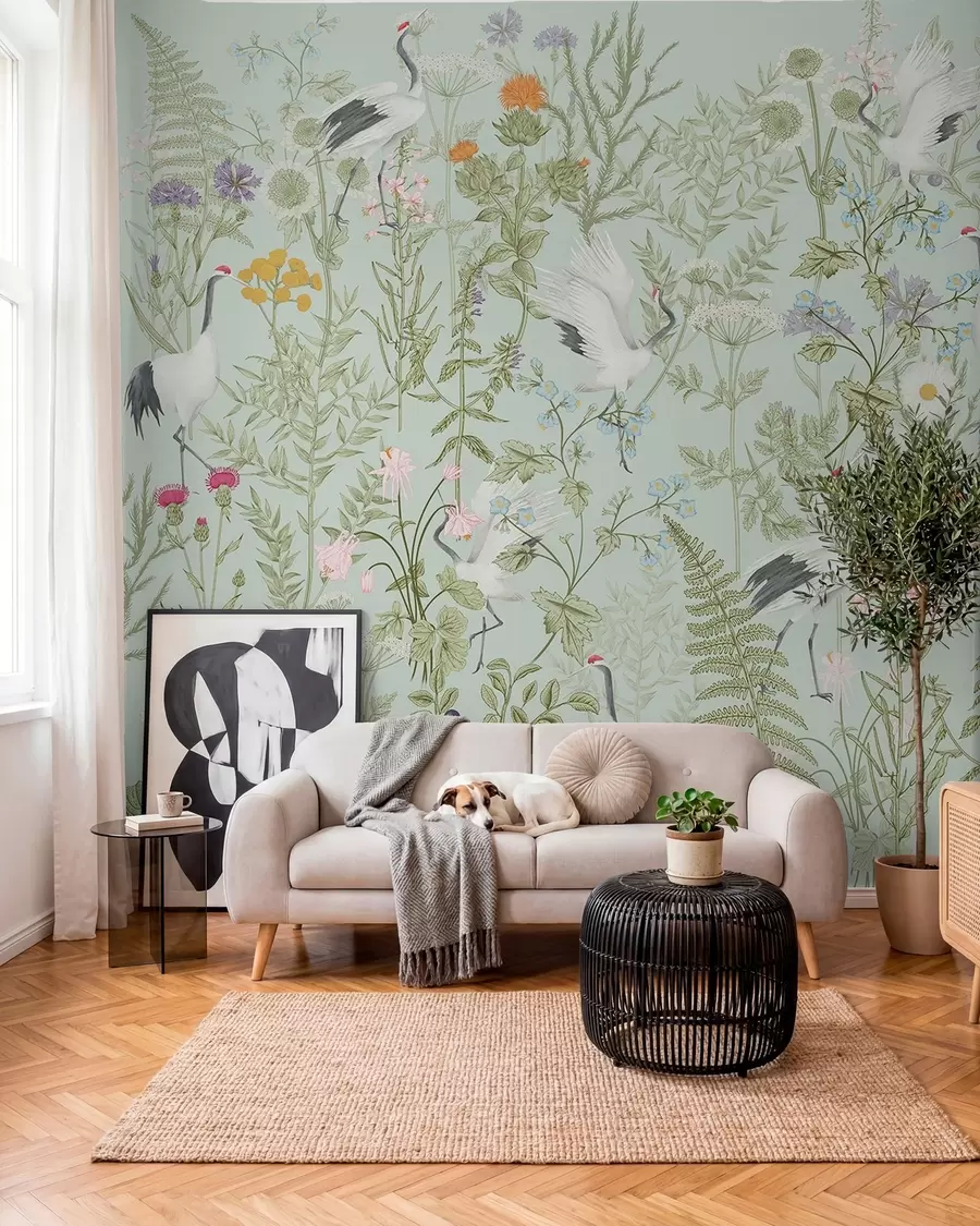 fototapeter Blomsterpynt med fugler, rustikk stil, botanisk, eng, blå bakgrunn w00380v4