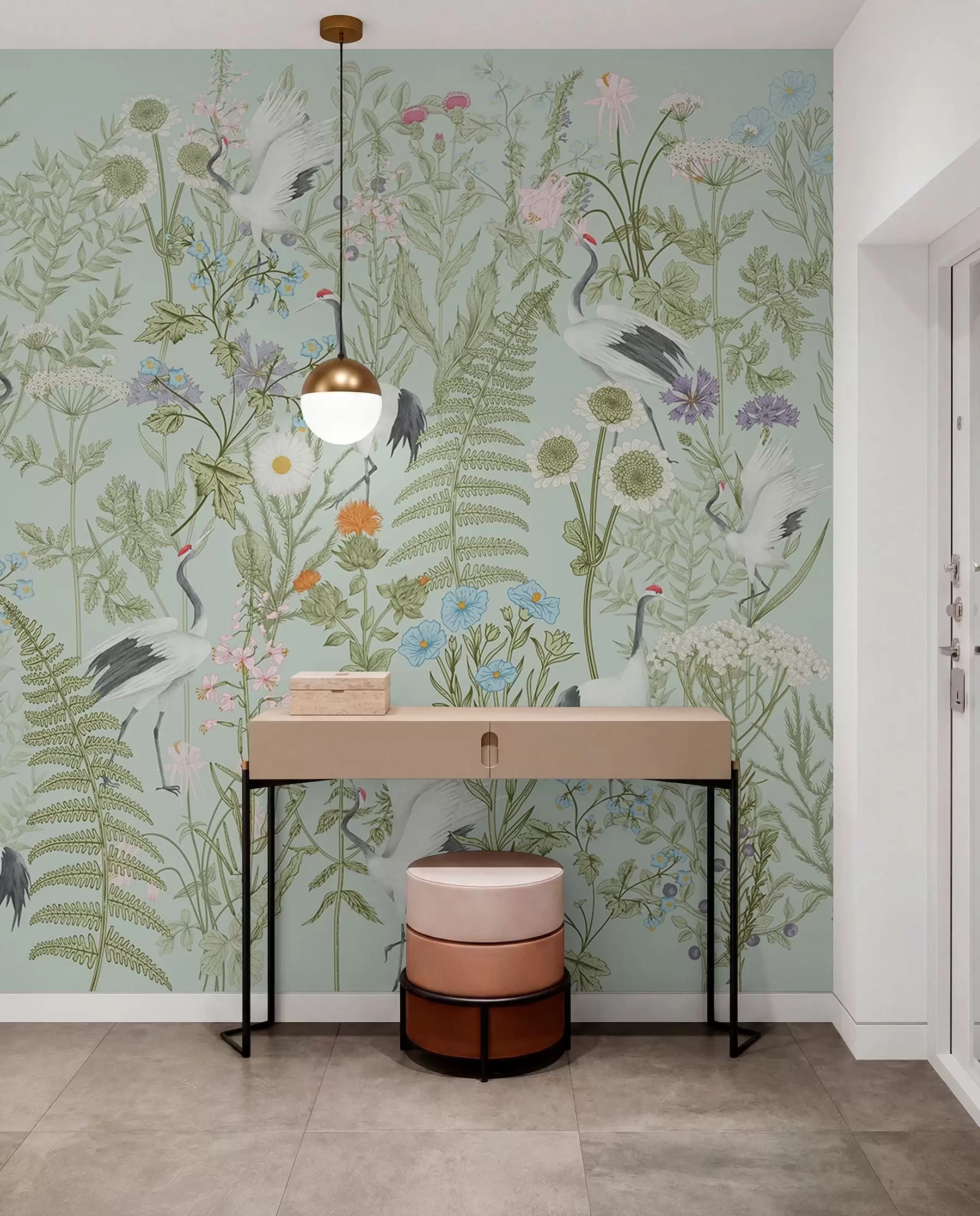 fototapeter Blomsterpynt med fugler, rustikk stil, botanisk, eng, blå bakgrunn w00380v4