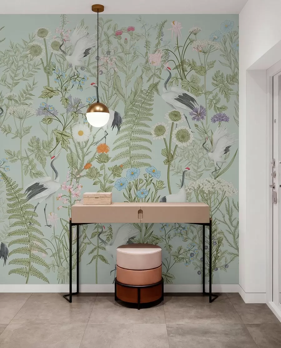 fototapeter Blomsterpynt med fugler, rustikk stil, botanisk, eng, blå bakgrunn w00380v4