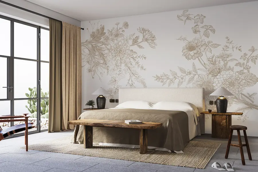 fototapeter Blomsterornament, minimalisme, strektegning, boho-stil, rustikk, pion, tusenfryd, beige farger, eng w00381v4