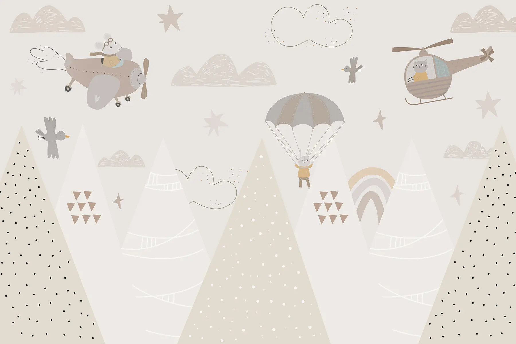 fototapeter Beige fjell med helikopter, fly og dyr w00414