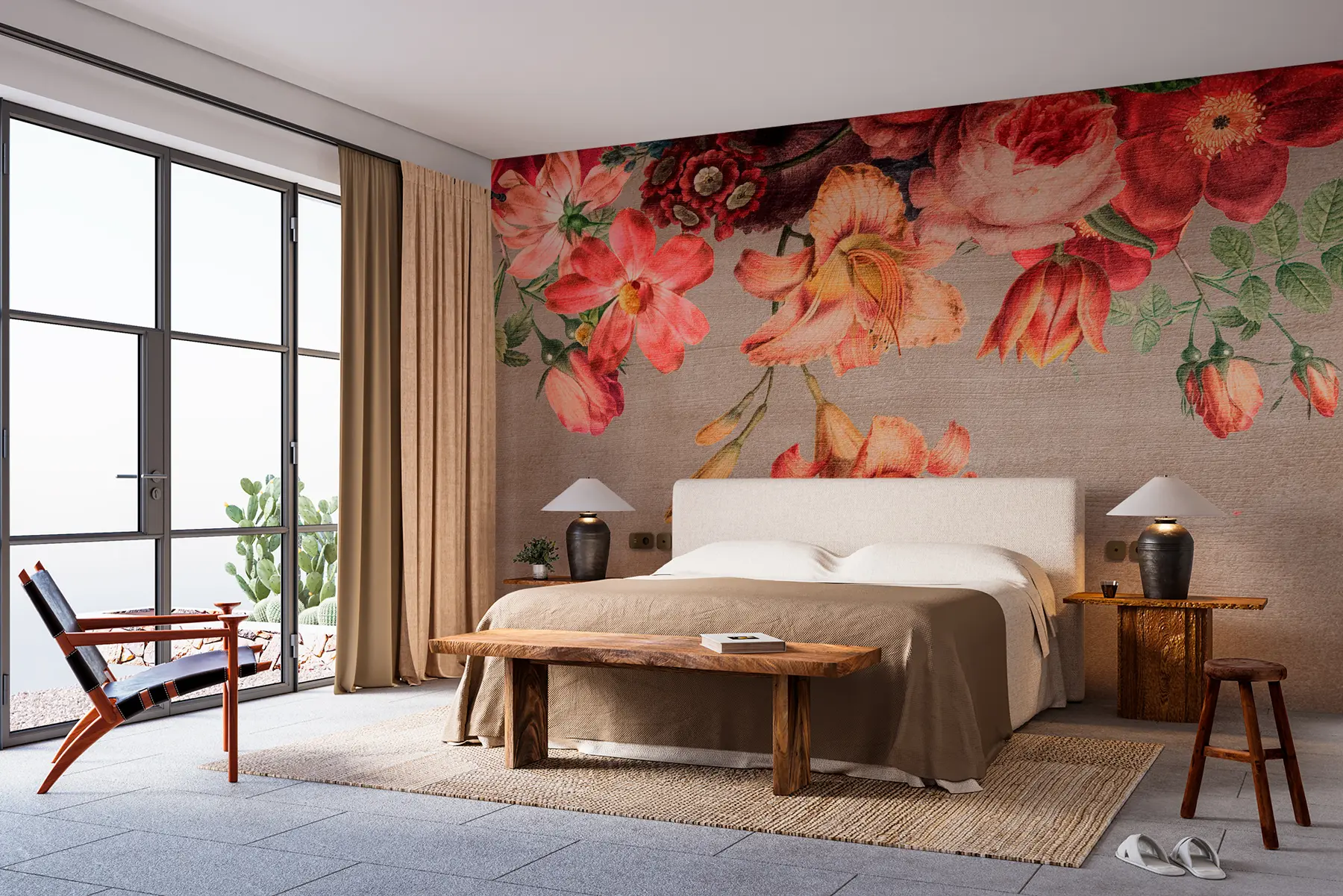 fototapeter Botanisk illustrasjon bukett med blomster stilleben på brun bakgrunn  w00427