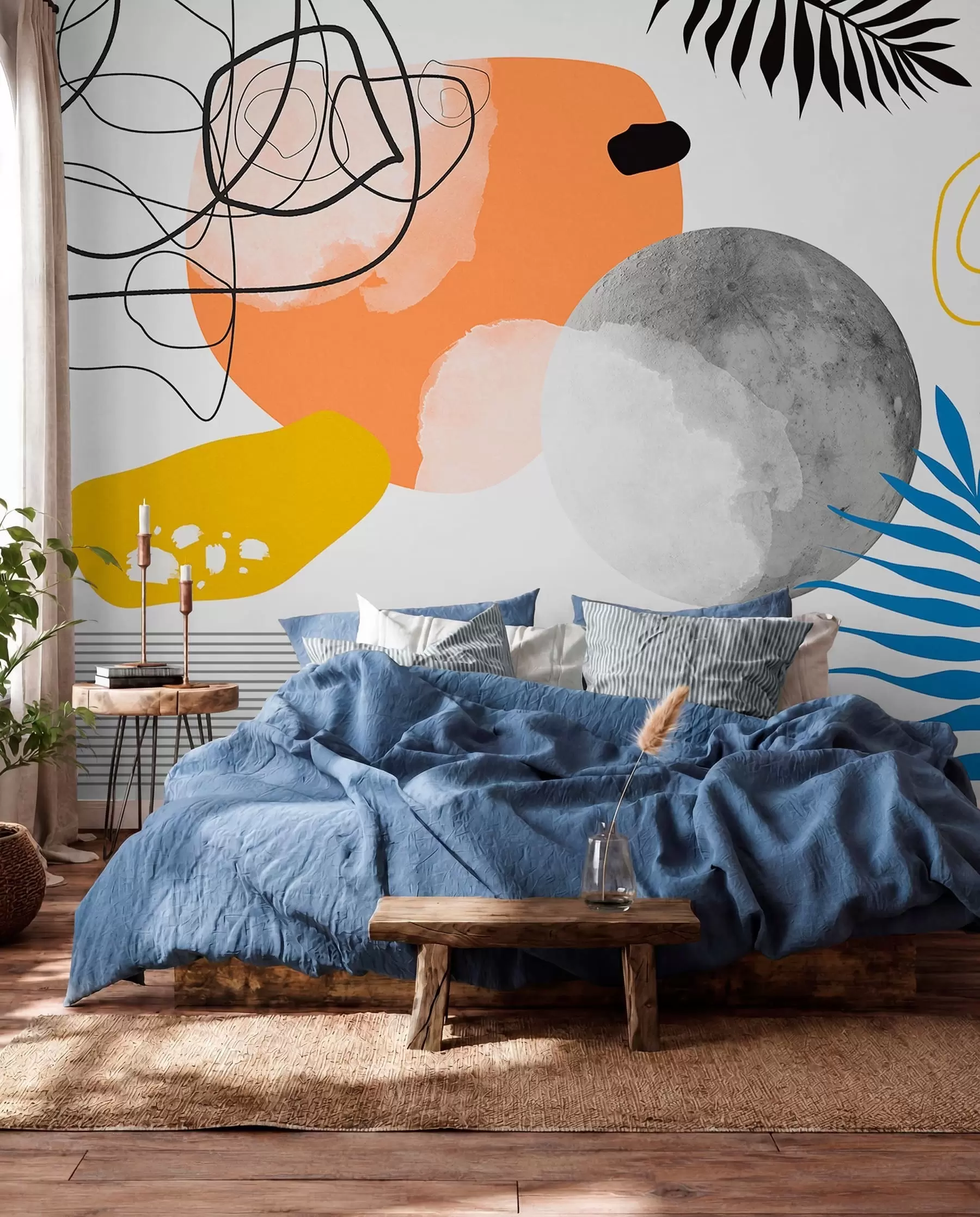 fototapeter Abstrakt moderne, minimalisme, boho, geometri, akvarellflekker, fullmåne, palmebladsilhuett, topografi, forviklinger, oransje, gul, grå w00508