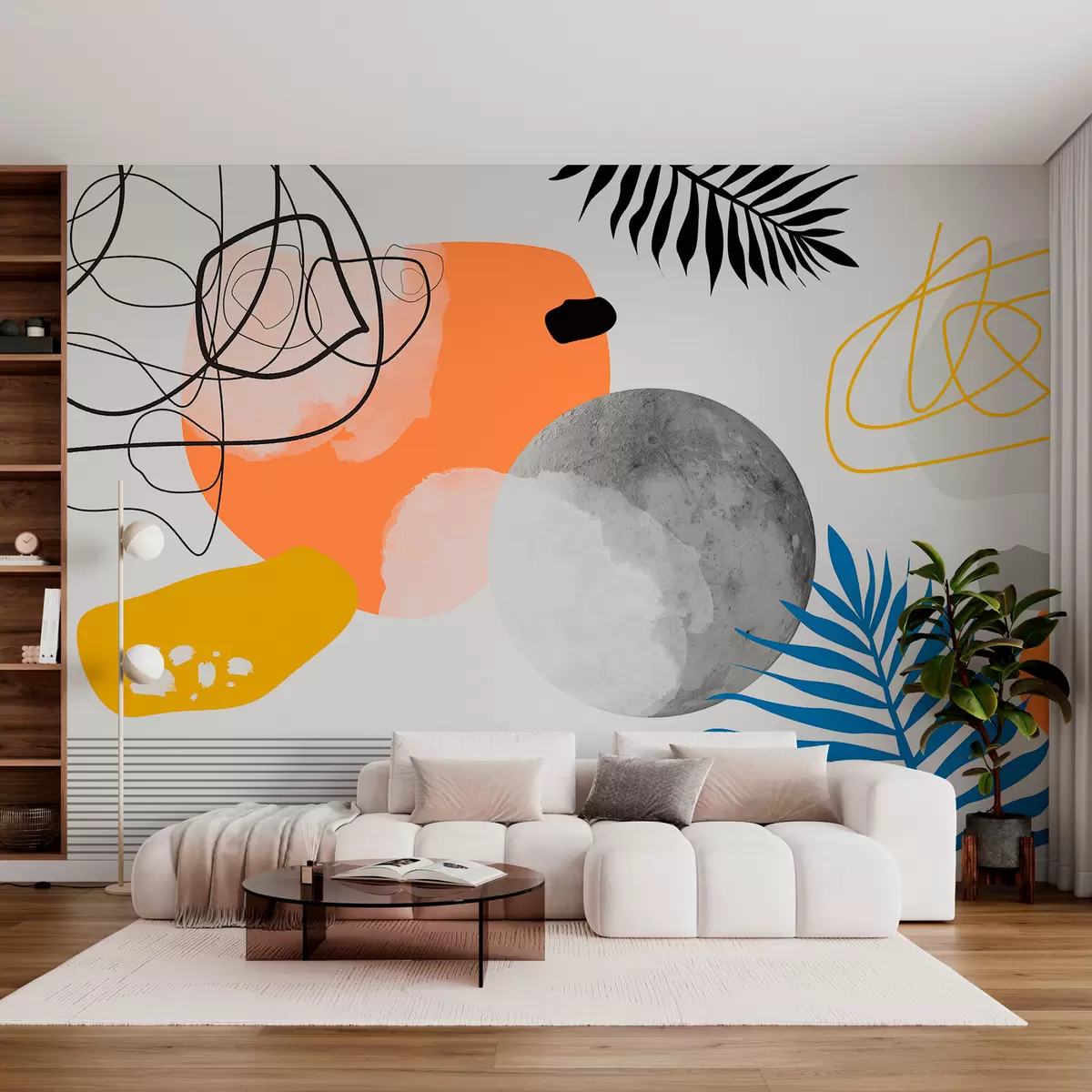 fototapeter Abstrakt moderne, minimalisme, boho, geometri, akvarellflekker, fullmåne, palmebladsilhuett, topografi, forviklinger, oransje, gul, grå w00508