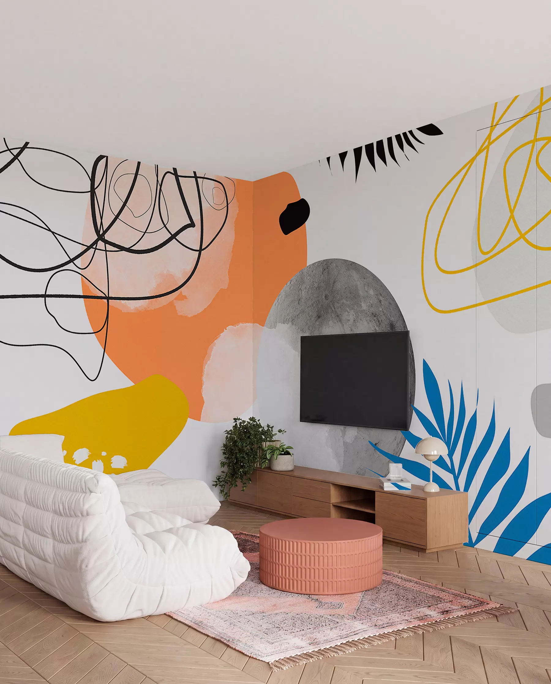fototapeter Abstrakt moderne, minimalisme, boho, geometri, akvarellflekker, fullmåne, palmebladsilhuett, topografi, forviklinger, oransje, gul, grå w00508