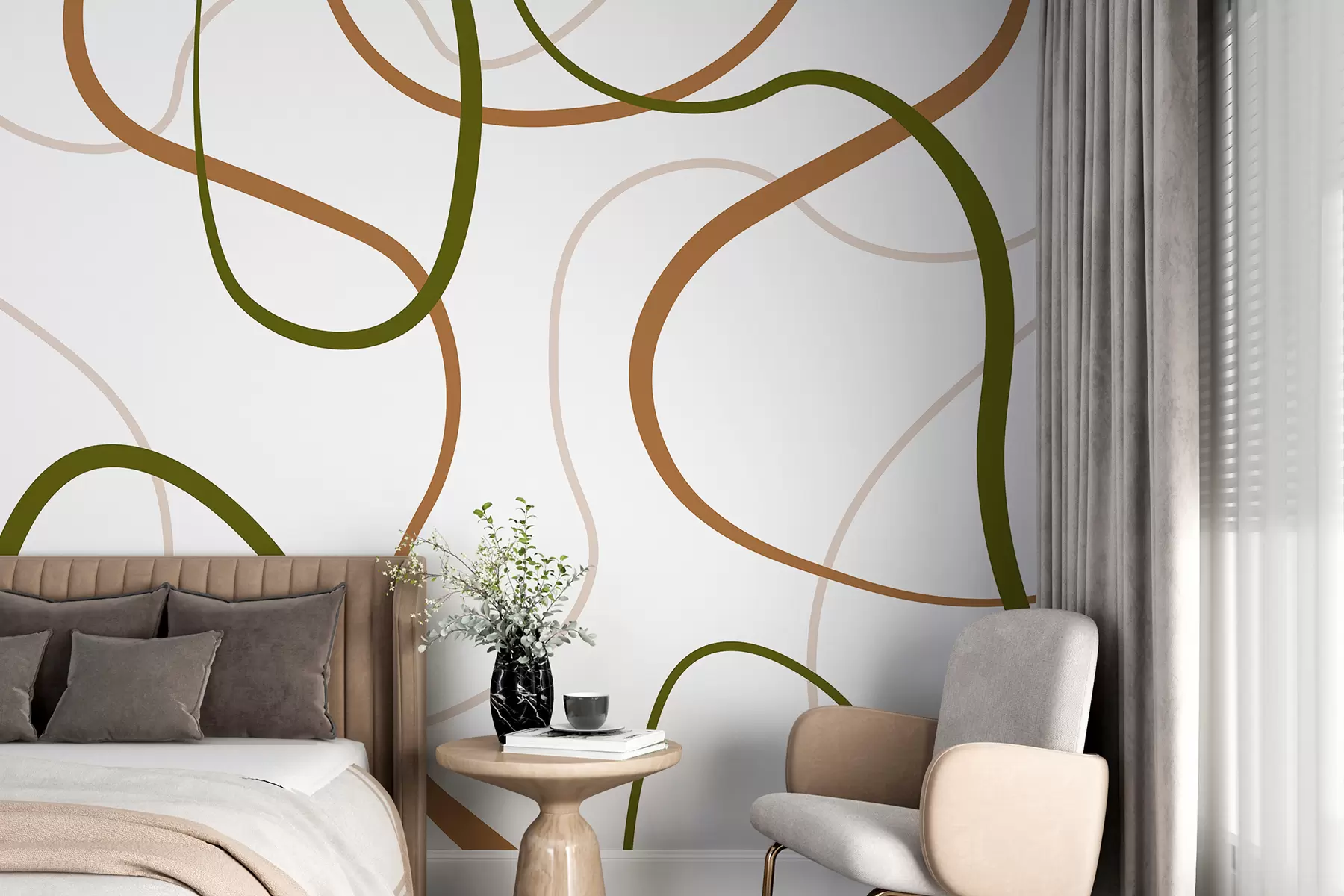 fototapeter Abstrakte linjer, minimalistisk, geometrisk mønster, grønt og beige w00594
