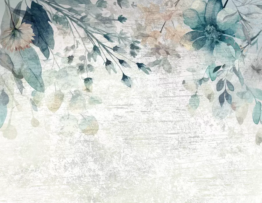 fototapeter Store blå og hvite blomster, blader og grener mot en strukturert vegg w00697