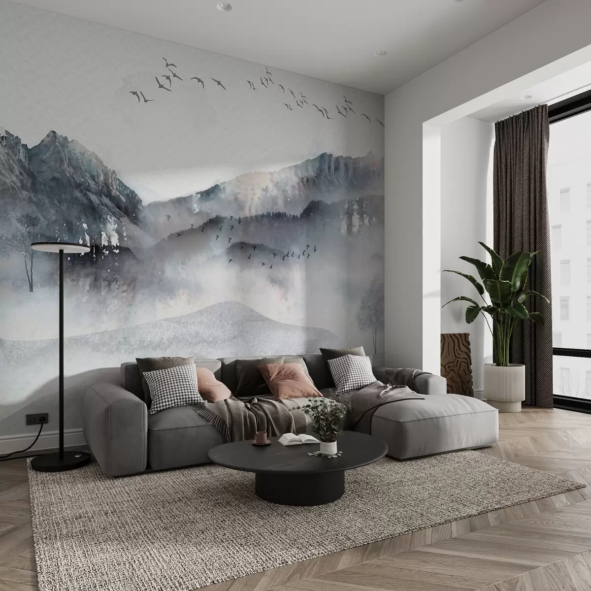 fototapeter Landskap med fjell i bakgrunnen, med noen få trær synlige i forgrunnen rolig  w00707