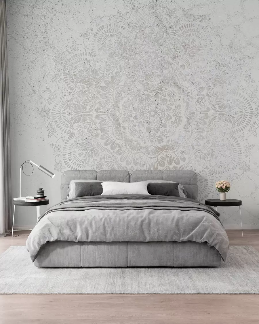 fototapeter Mandala, hvitt blondemønster med blomster og sirkulære motiver, skaper et delikat og intrikat design w00737