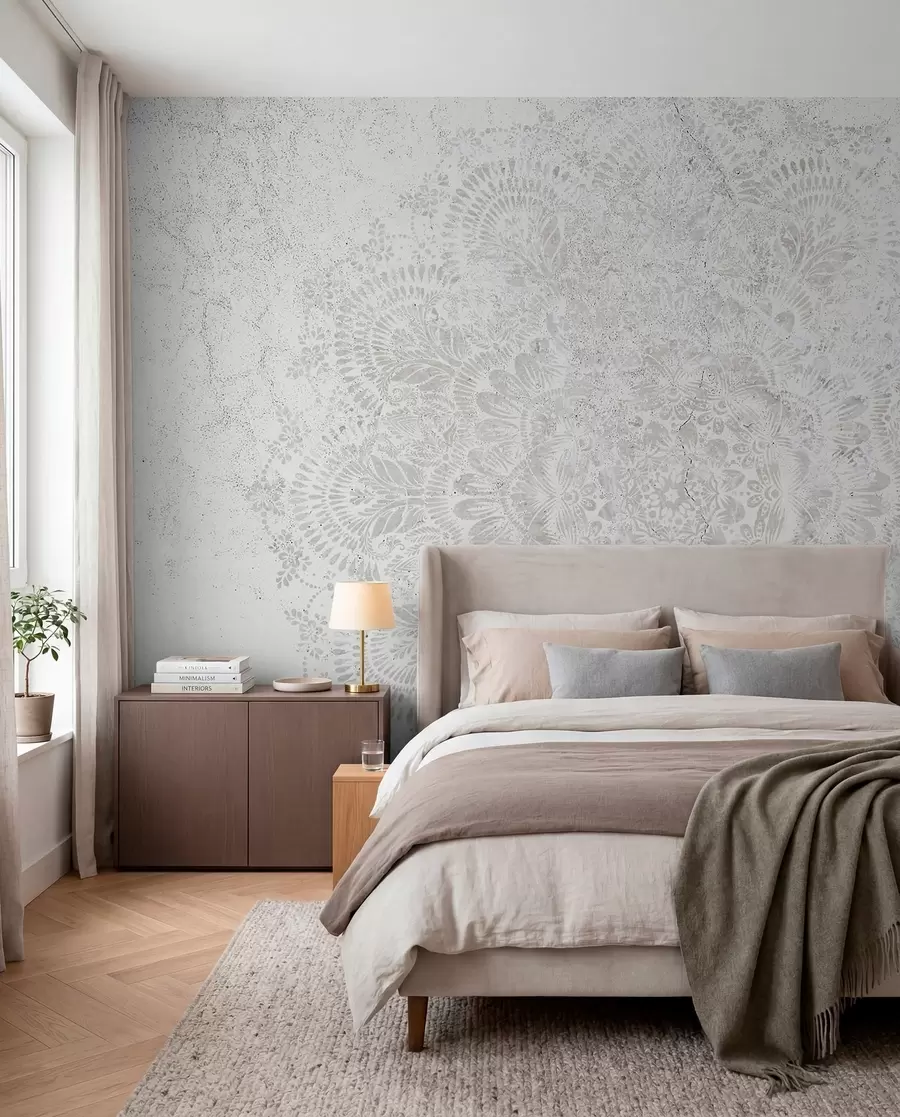 fototapeter Mandala, hvitt blondemønster med blomster og sirkulære motiver, skaper et delikat og intrikat design w00737