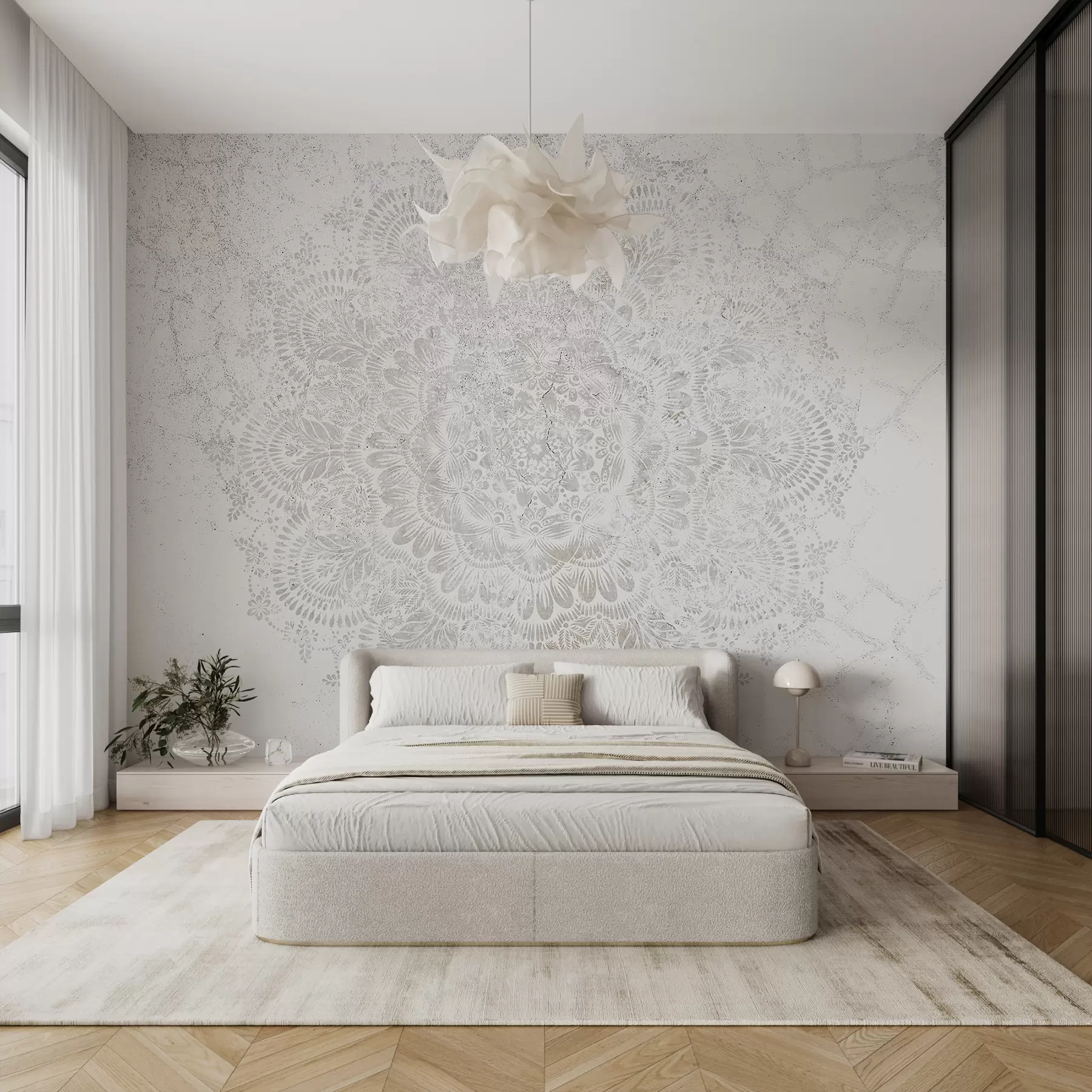 fototapeter Mandala, hvitt blondemønster med blomster og sirkulære motiver, skaper et delikat og intrikat design w00737