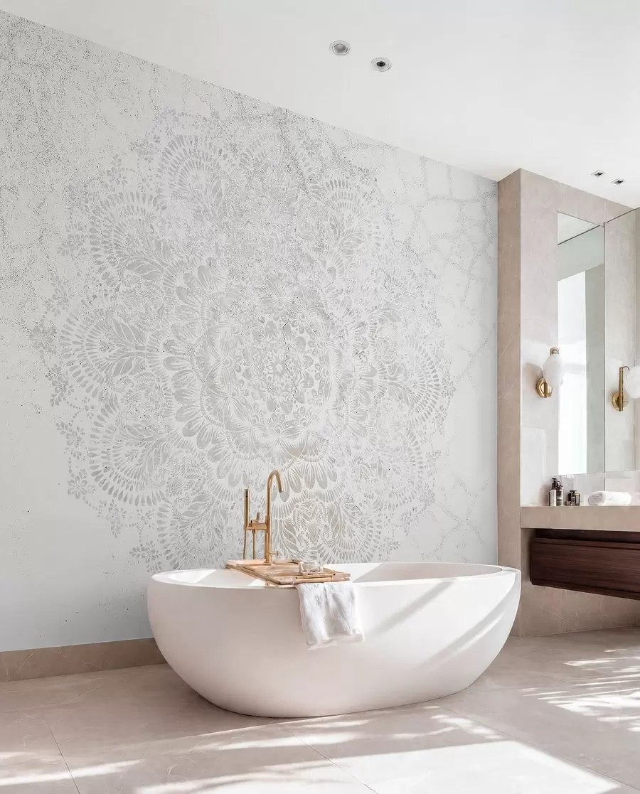 fototapeter Mandala, hvitt blondemønster med blomster og sirkulære motiver, skaper et delikat og intrikat design w00737