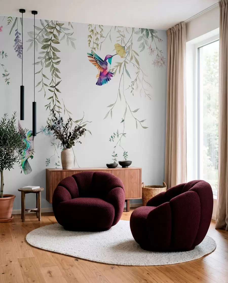 fototapeter Hengende blomster og blader og vakre kolibrier w00660