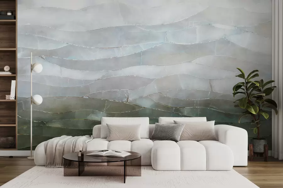 fototapeter Teksturert tåkete, kupert abstrakt gradientlandskap med bølgende grønne felt gjennom tåken w00795