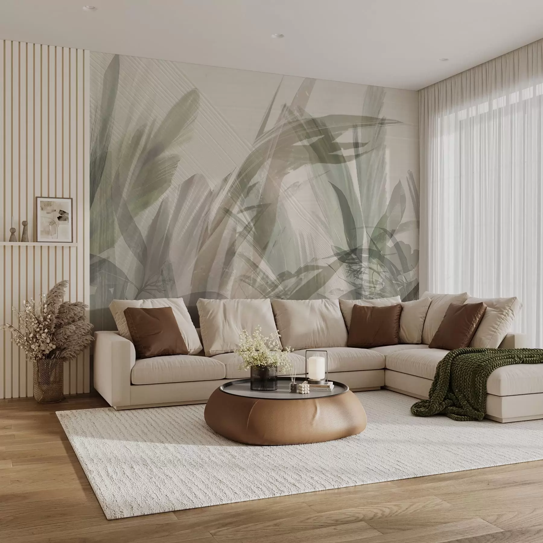 fototapeter Abstrakt multikomposisjon av uskarpe gresslignende tropiske blader i nyanser av lysegrønt og grått w00798