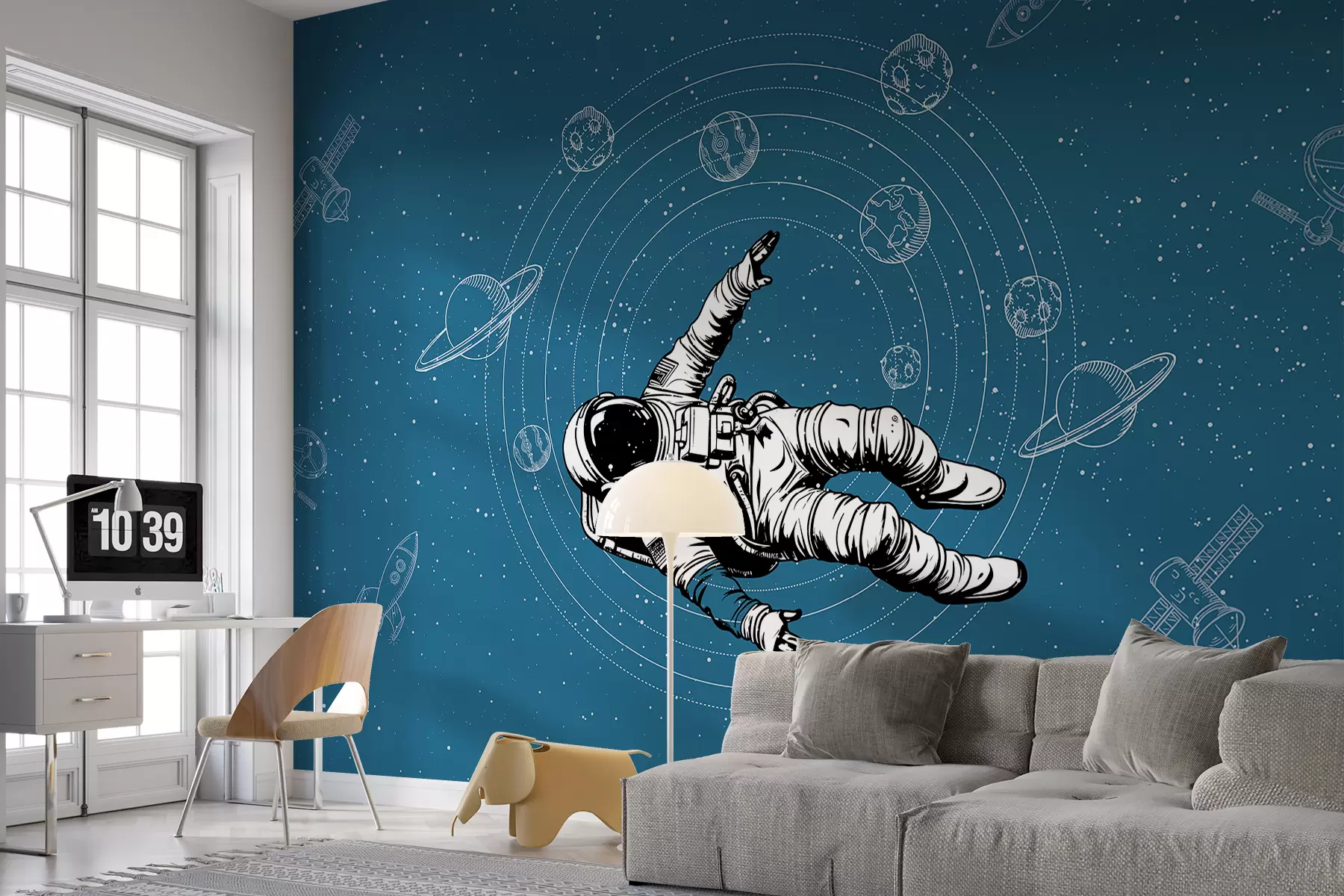 fototapeter Astronaut og planeter på blå bakgrunn w00712v3