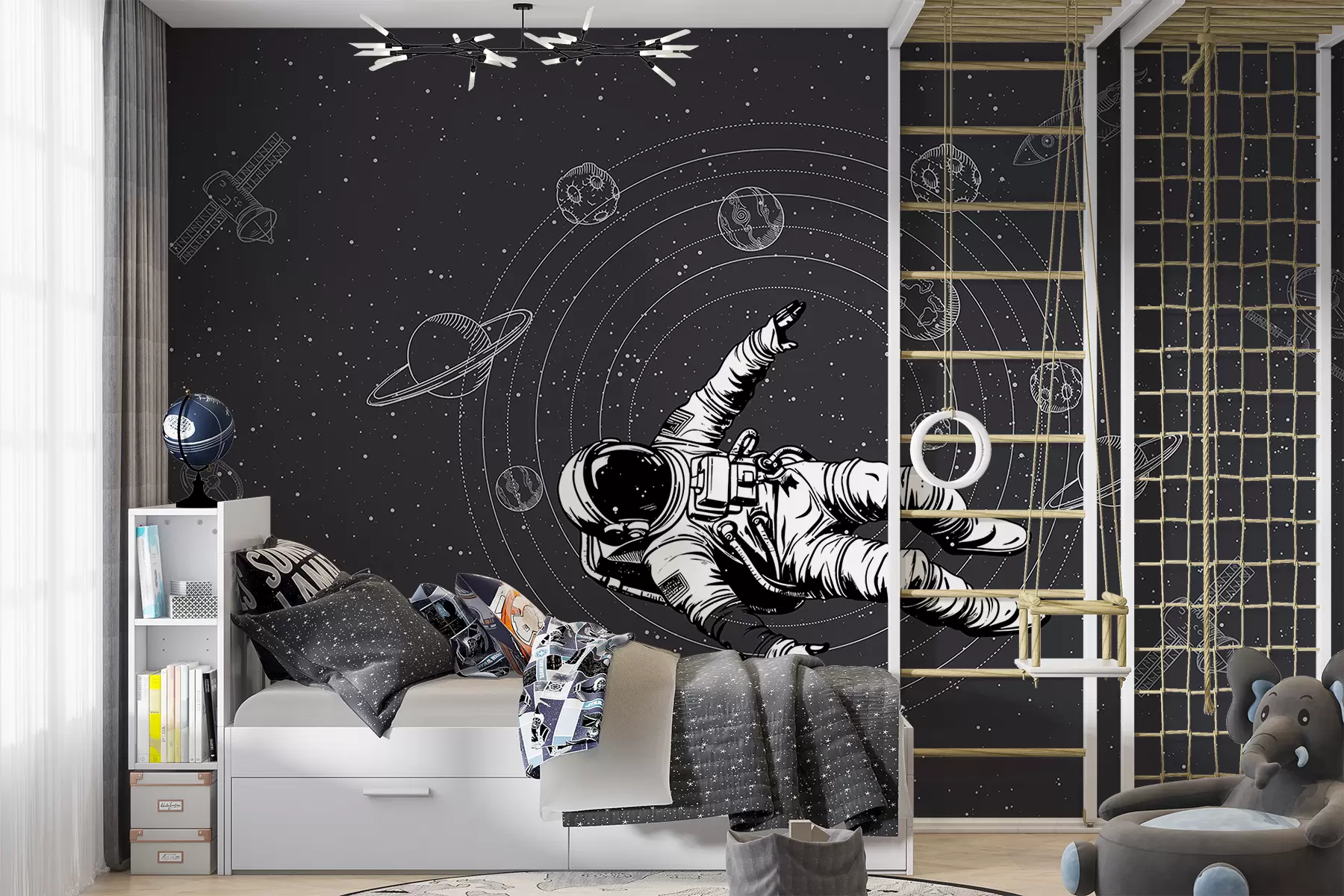 fototapeter Astronaut og planeter på mørk grå bakgrunn w00712v5