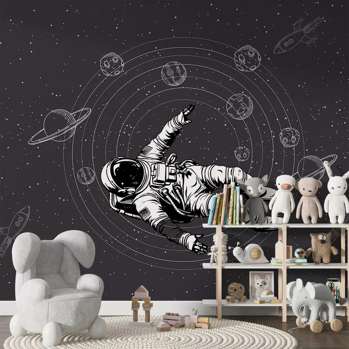 fototapeter Astronaut og planeter på mørk grå bakgrunn w00712v5