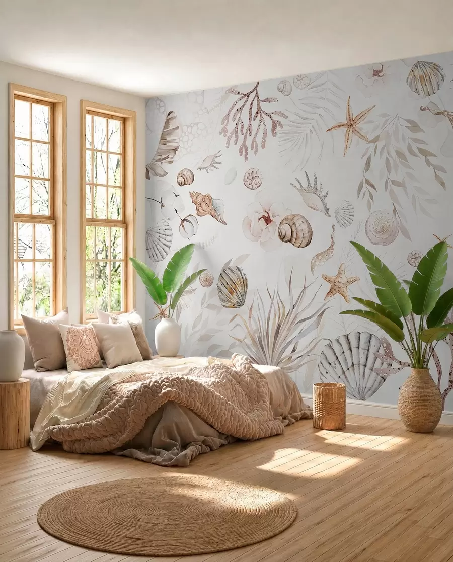 fototapeter Akvarell marine mønster, boho stil, skjell, koraller, bomull, beige farger w00851