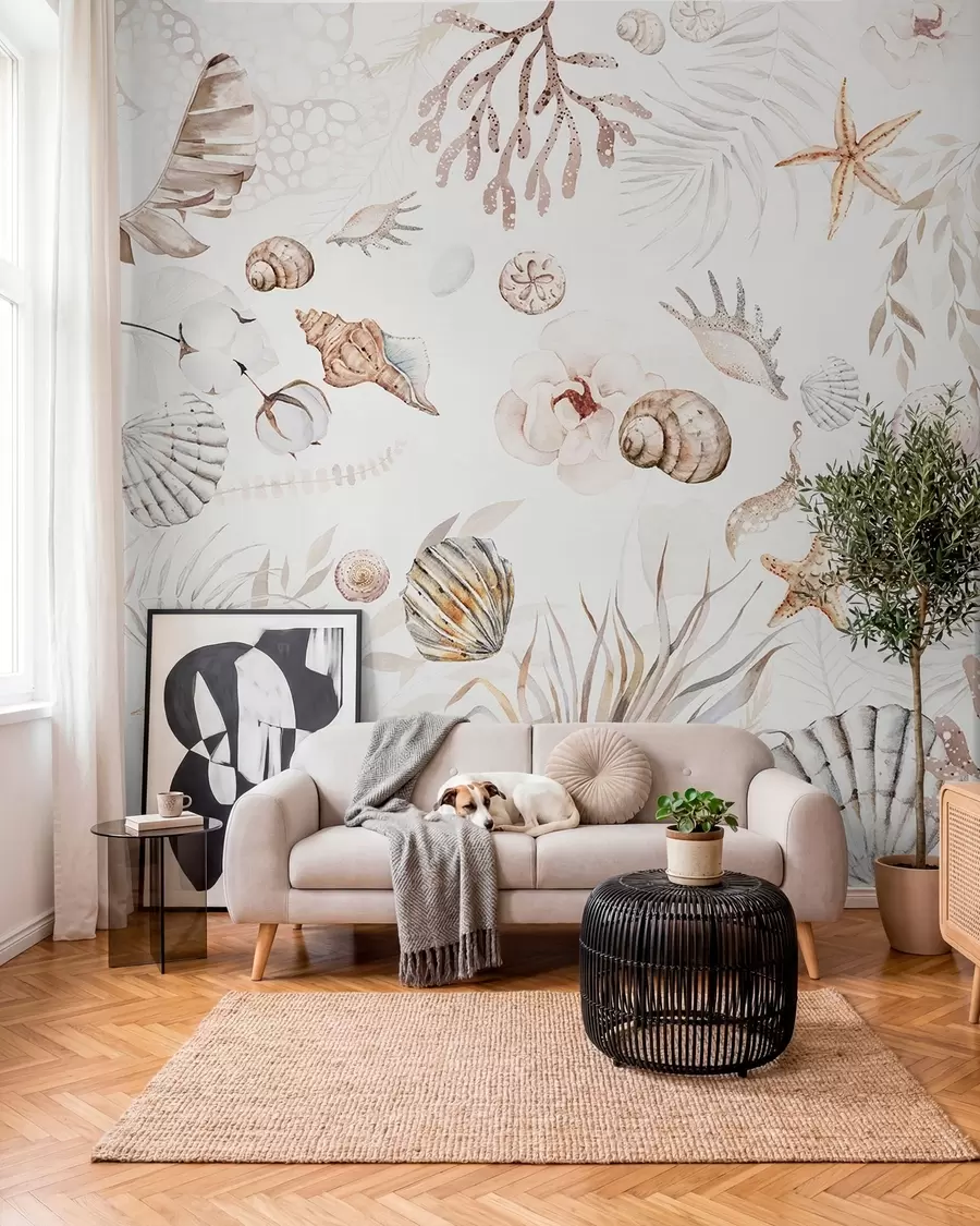 fototapeter Akvarell marine mønster, boho stil, skjell, koraller, bomull, beige farger w00851