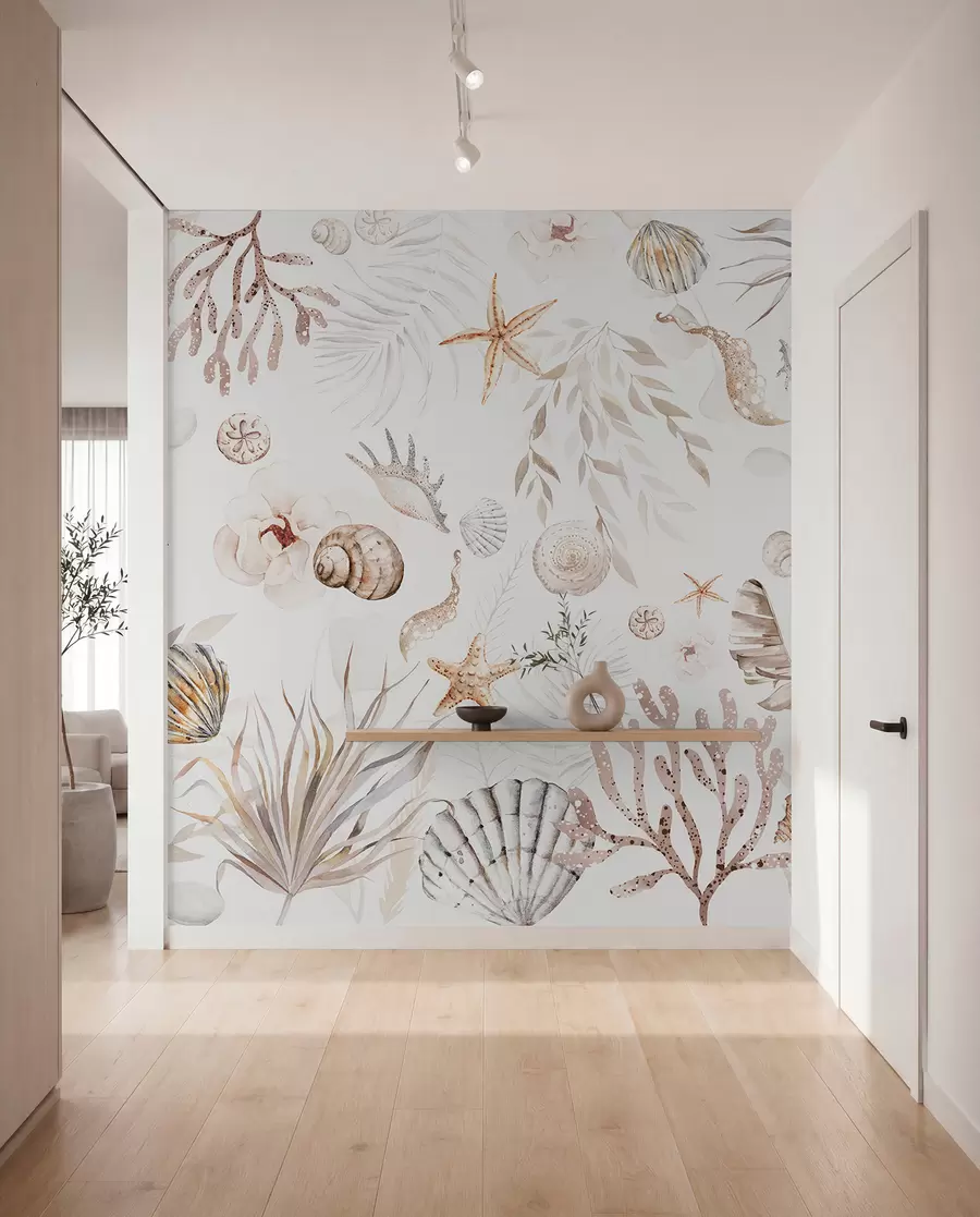 fototapeter Akvarell marine mønster, boho stil, skjell, koraller, bomull, beige farger w00851