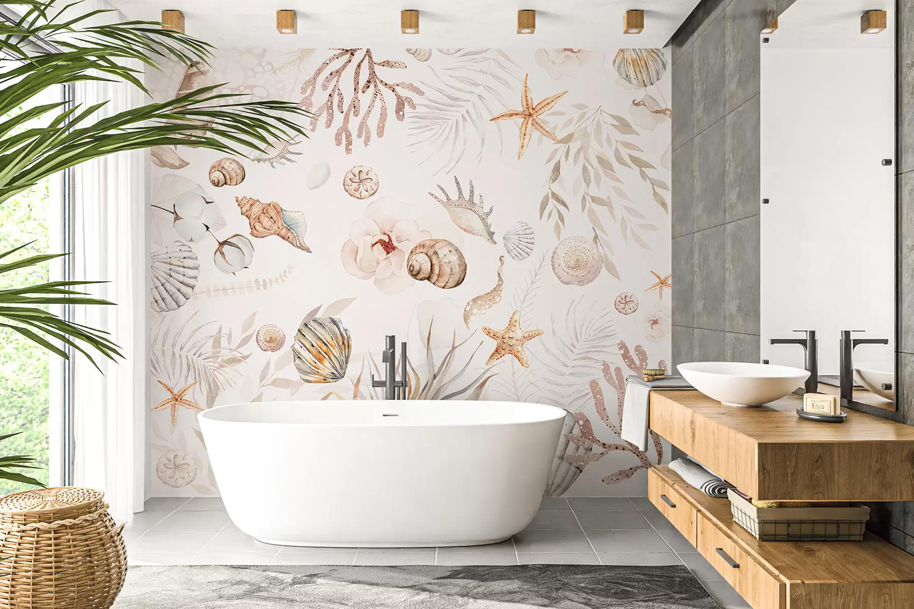 fototapeter Akvarell marine mønster, boho stil, skjell, koraller, bomull, beige farger w00851