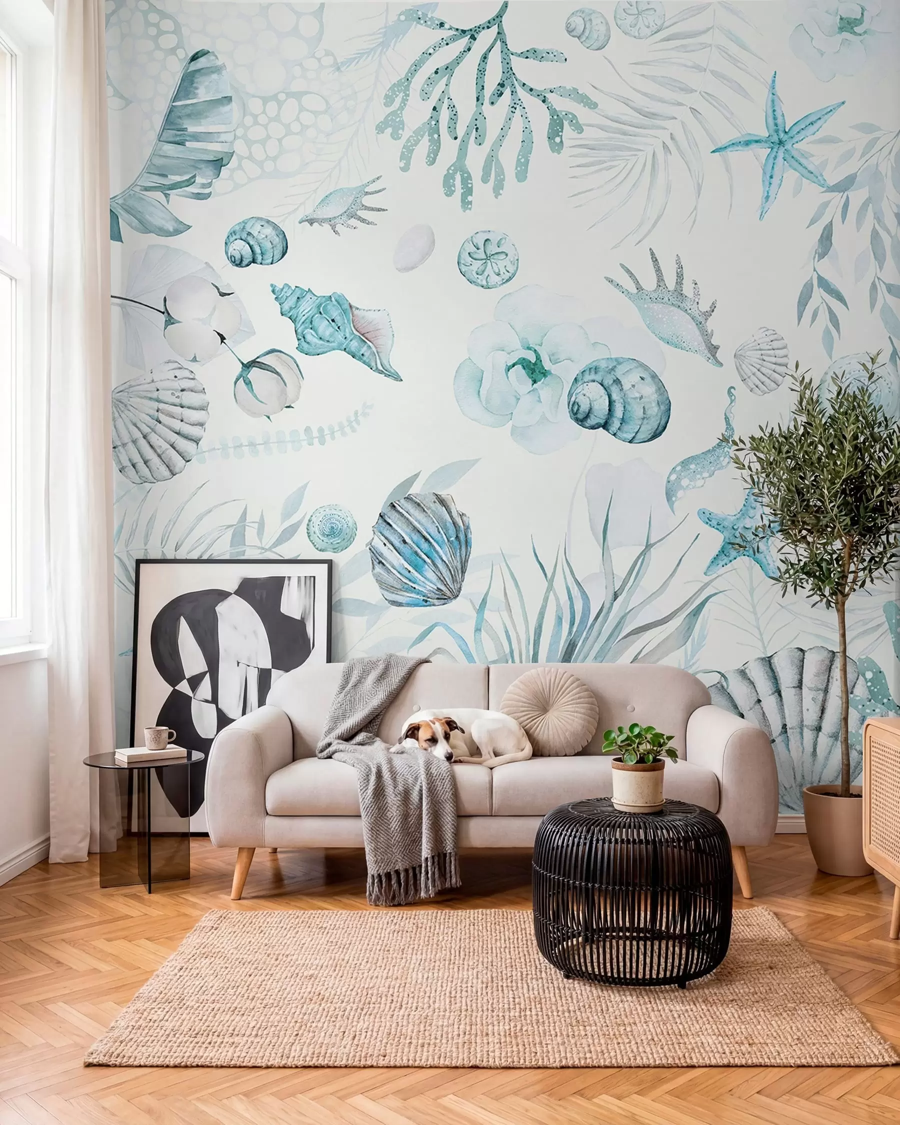 fototapeter Akvarell marine mønster, boho stil, skjell, koraller, bomull, blå farger w00851v1