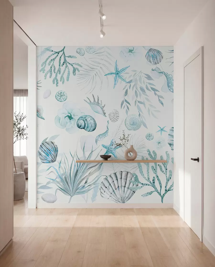 fototapeter Akvarell marine mønster, boho stil, skjell, koraller, bomull, blå farger w00851v1