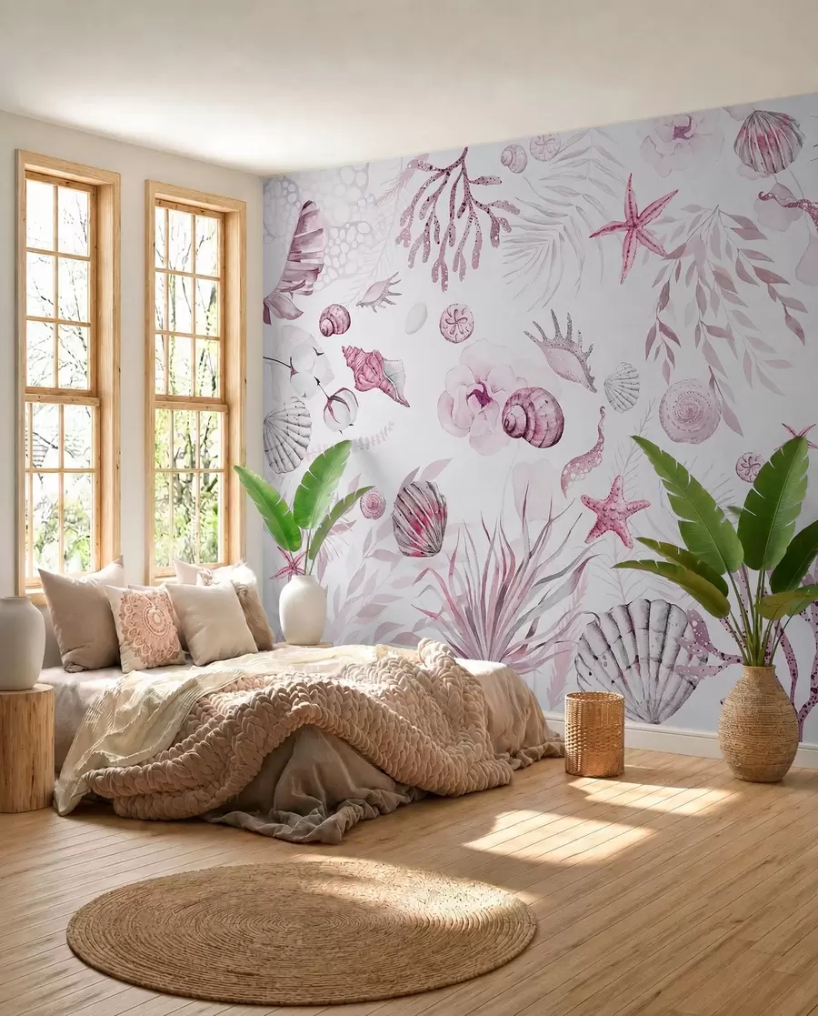 fototapeter Akvarell marine mønster, boho stil, skjell, koraller, bomull, rosa farger w00851v3