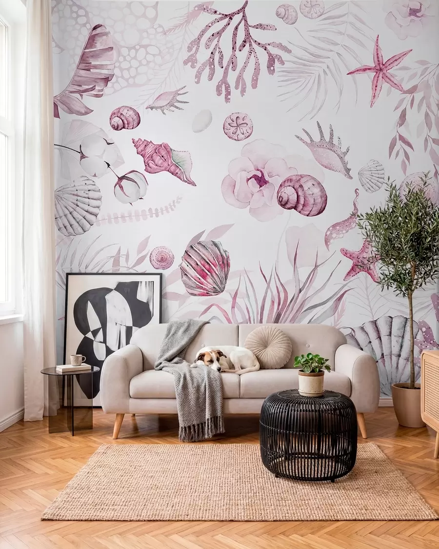 fototapeter Akvarell marine mønster, boho stil, skjell, koraller, bomull, rosa farger w00851v3