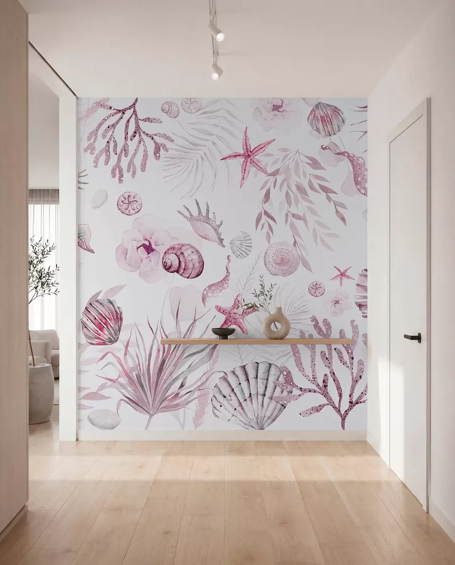 fototapeter Akvarell marine mønster, boho stil, skjell, koraller, bomull, rosa farger w00851v3
