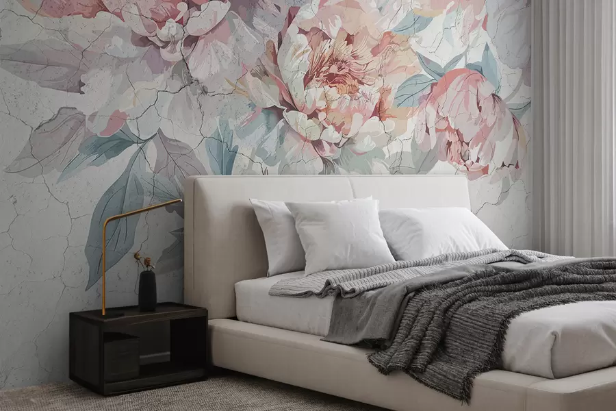 fototapeter En bukett med store, myke pastellrosa og hvite peonblomster med grønne blader mot en lys bakgrunn w00896