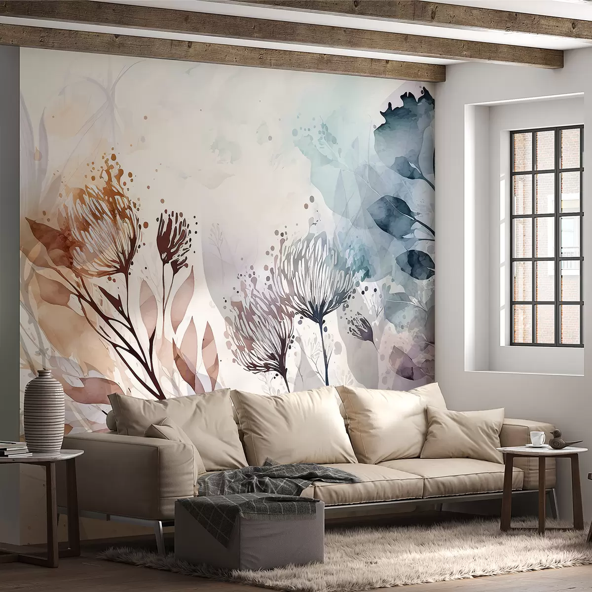 fototapeter Delikat blomsterabstrakt, stiliserte blomster og planteformer i dempede, jordfargede akvarellkunst w00898