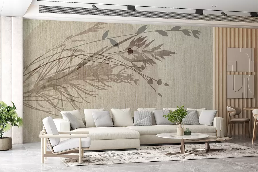 fototapeter En minimalistisk illustrasjon av en sirkulær form med abstrakte plantelignende elementer i dempede jordfarger w00902