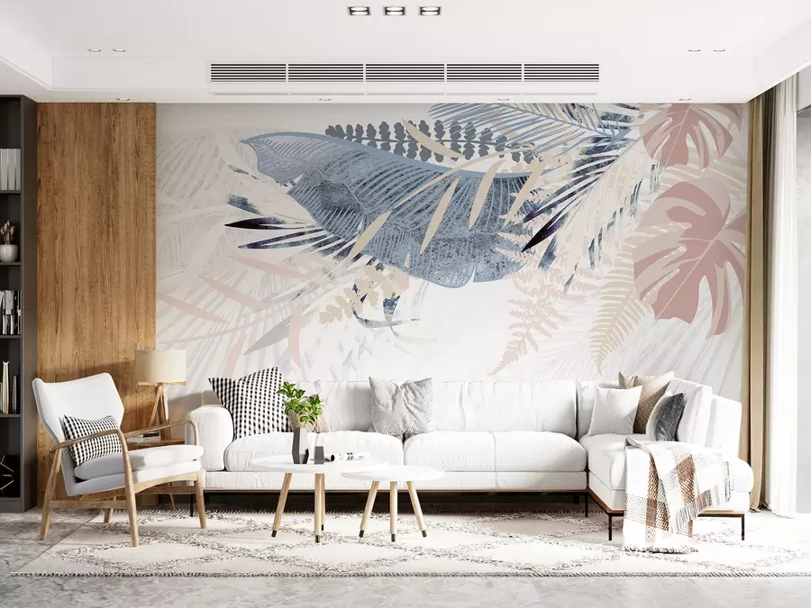 fototapeter Moderne botanisk design med tropisk teksturert palmebladmønster med ulike nyanser av blått, grått og rosa w00908