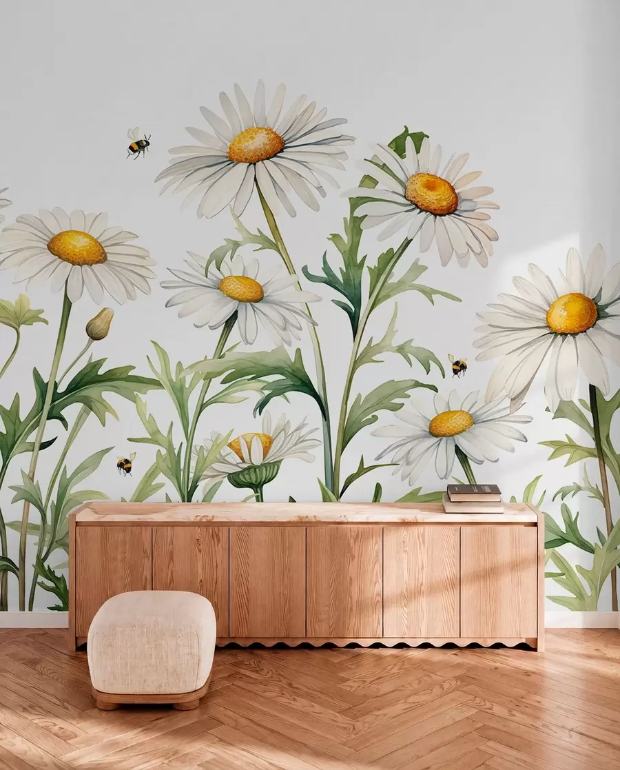 fototapeter Hvite tusenfryd som blomstrer, bier flyr akvarellplanteillustrasjon, grønn, hvit, gul farge w01176