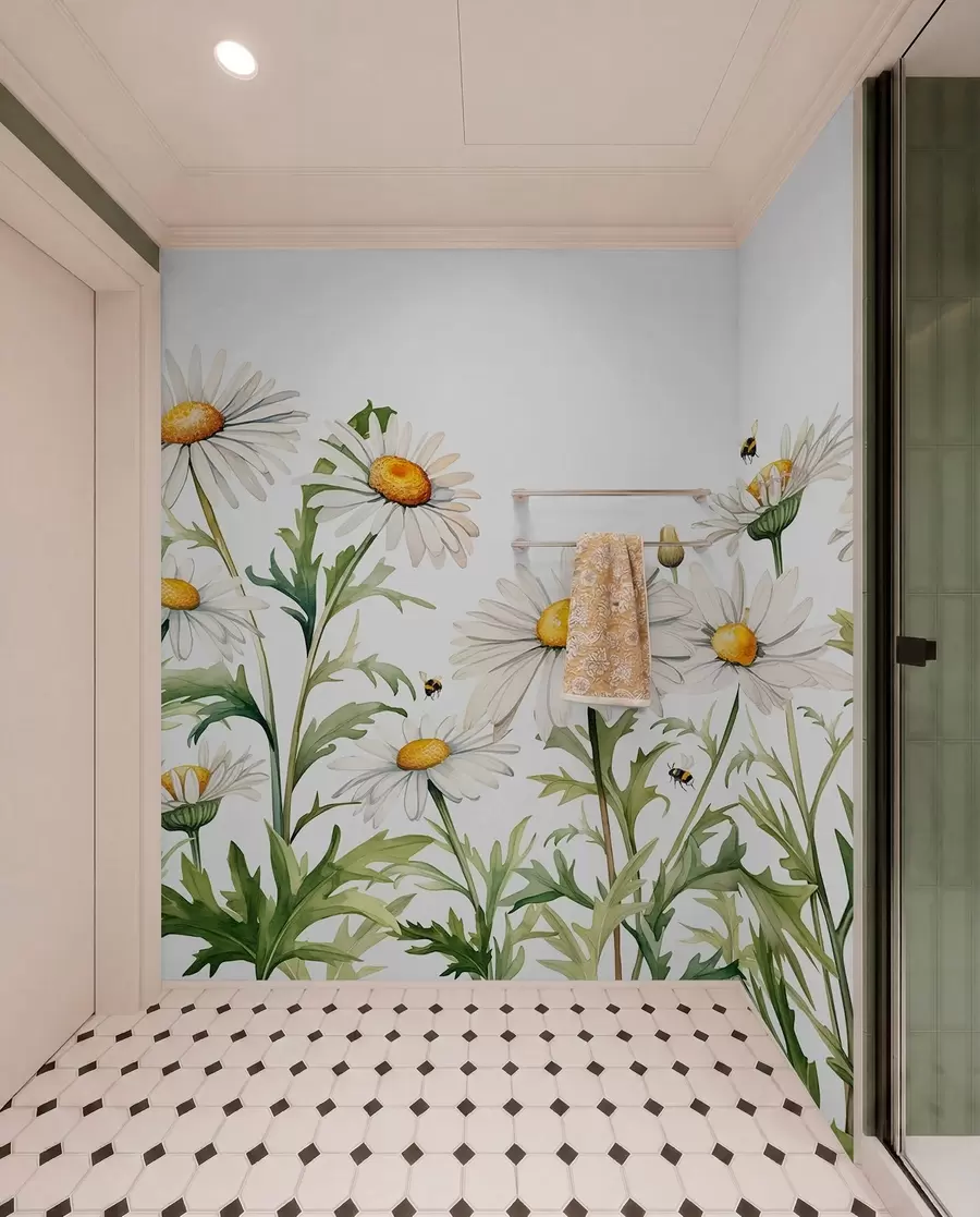 fototapeter Hvite tusenfryd som blomstrer, bier flyr akvarellplanteillustrasjon, grønn, hvit, gul farge w01176