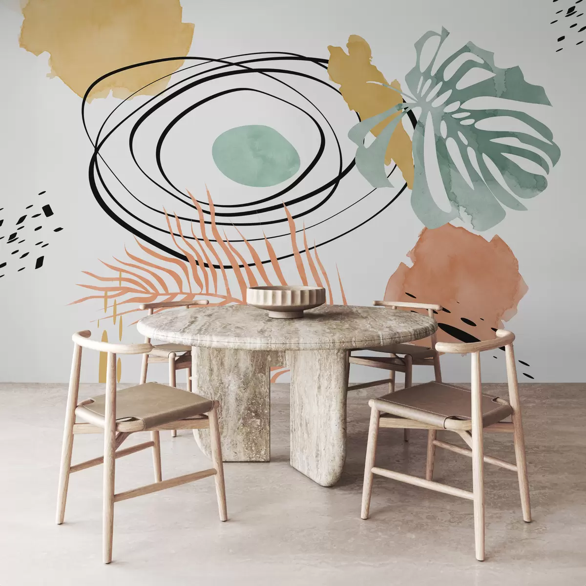 fototapeter Boho abstraksjon, monstera og palmeblad, buede linjer, flekk, geometrisk, topografisk, blå, gul, rosa farge w01256