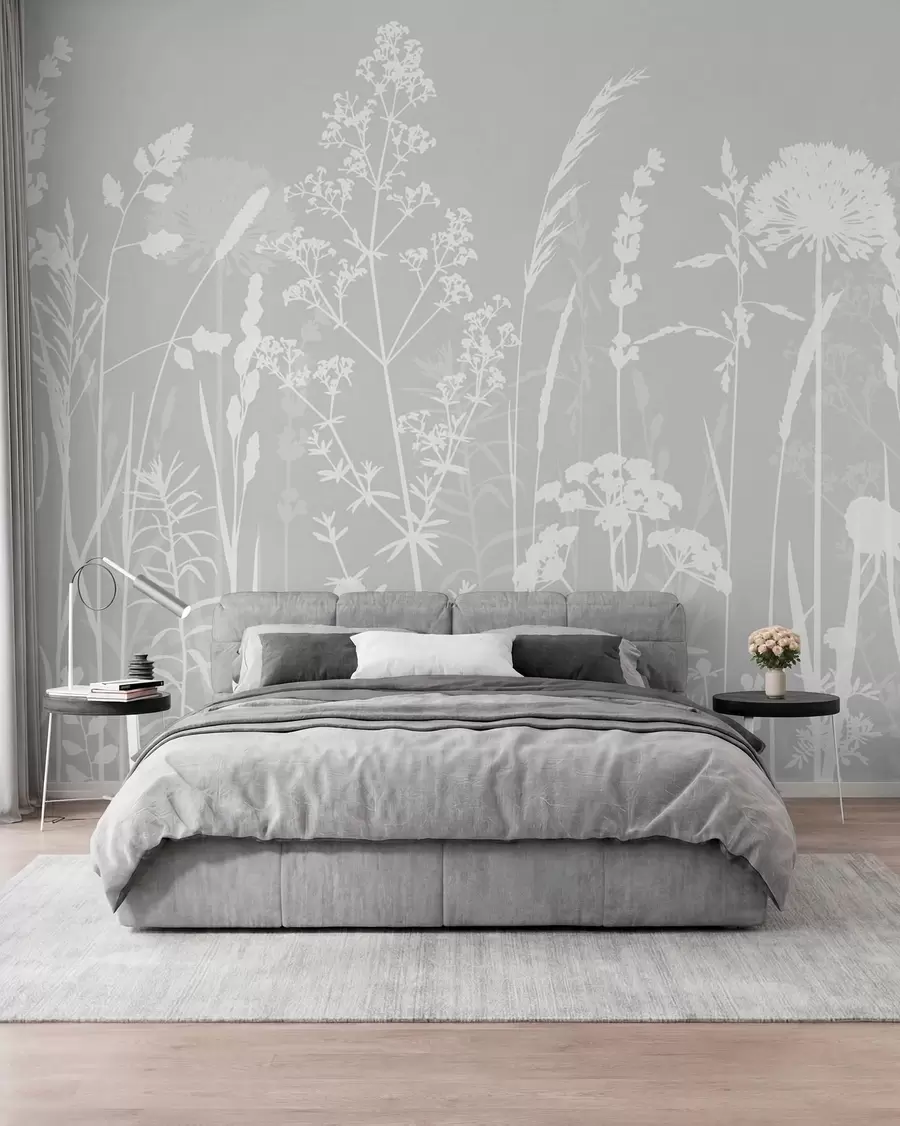 fototapeter Milde feltplanter og blomster minimalisme grå farge w01270v1