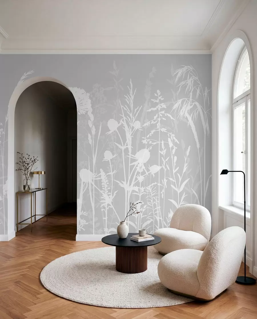 fototapeter Milde feltplanter og blomster minimalisme grå farge w01270v1