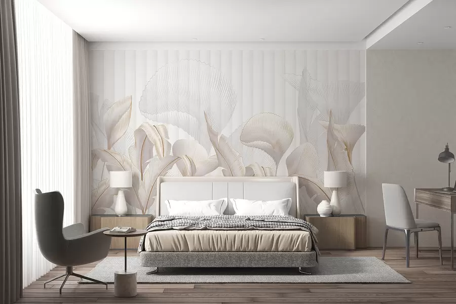 fototapeter Et nærbilde av tropiske blader mot en hvit bakgrunn, med strukturert bakgrunn w01237