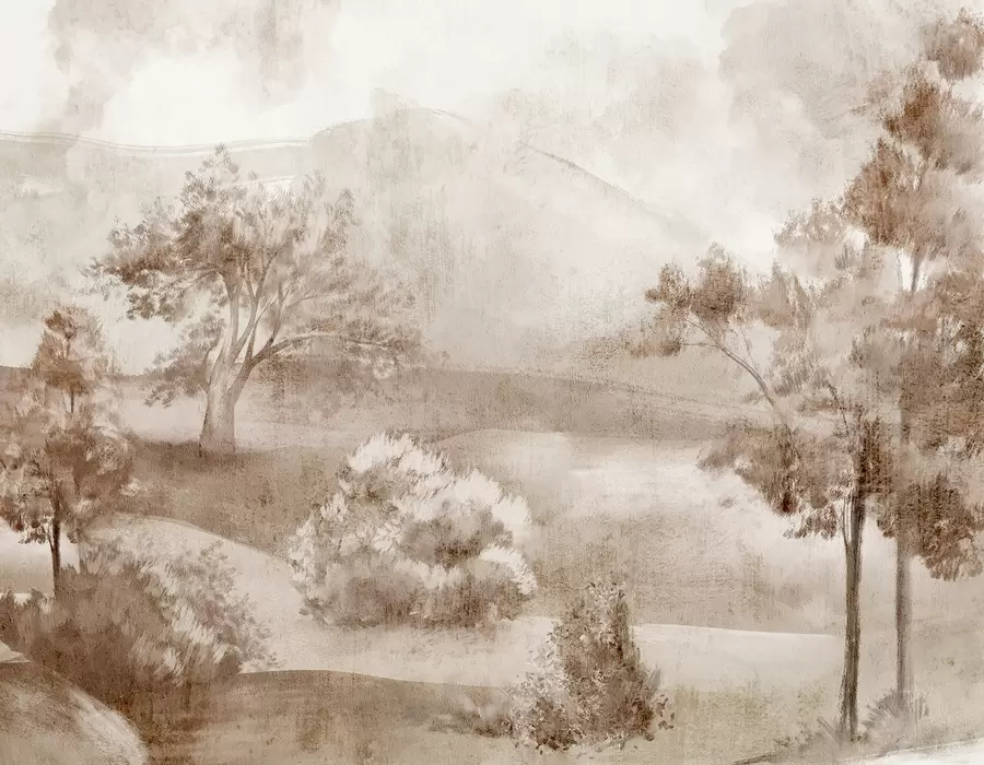 fototapeter Landskapsmaleri av en tåkete landskapsscene omgitt av frodige trær og løvverk i brune nyanser w01247