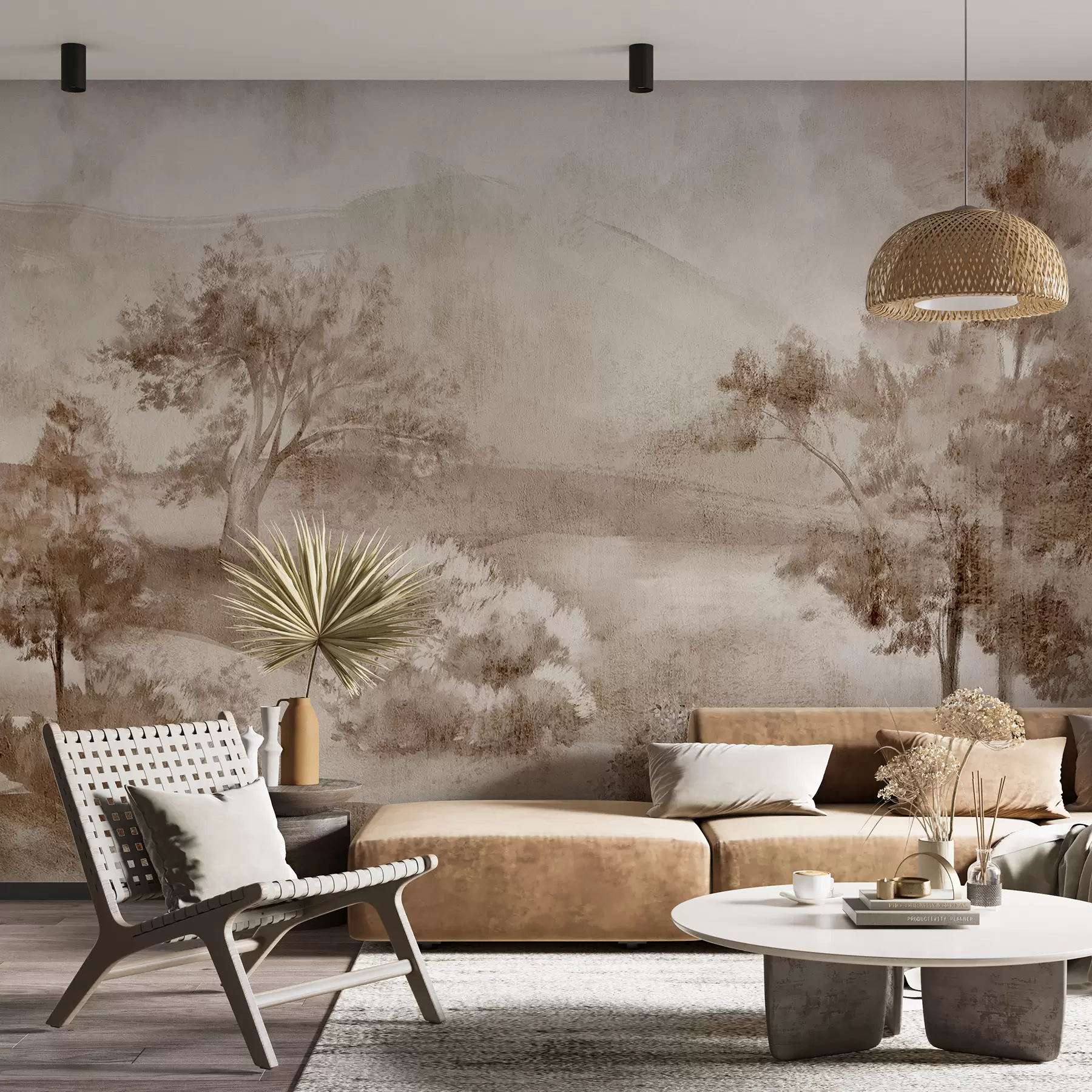 fototapeter Landskapsmaleri av en tåkete landskapsscene omgitt av frodige trær og løvverk i brune nyanser w01247