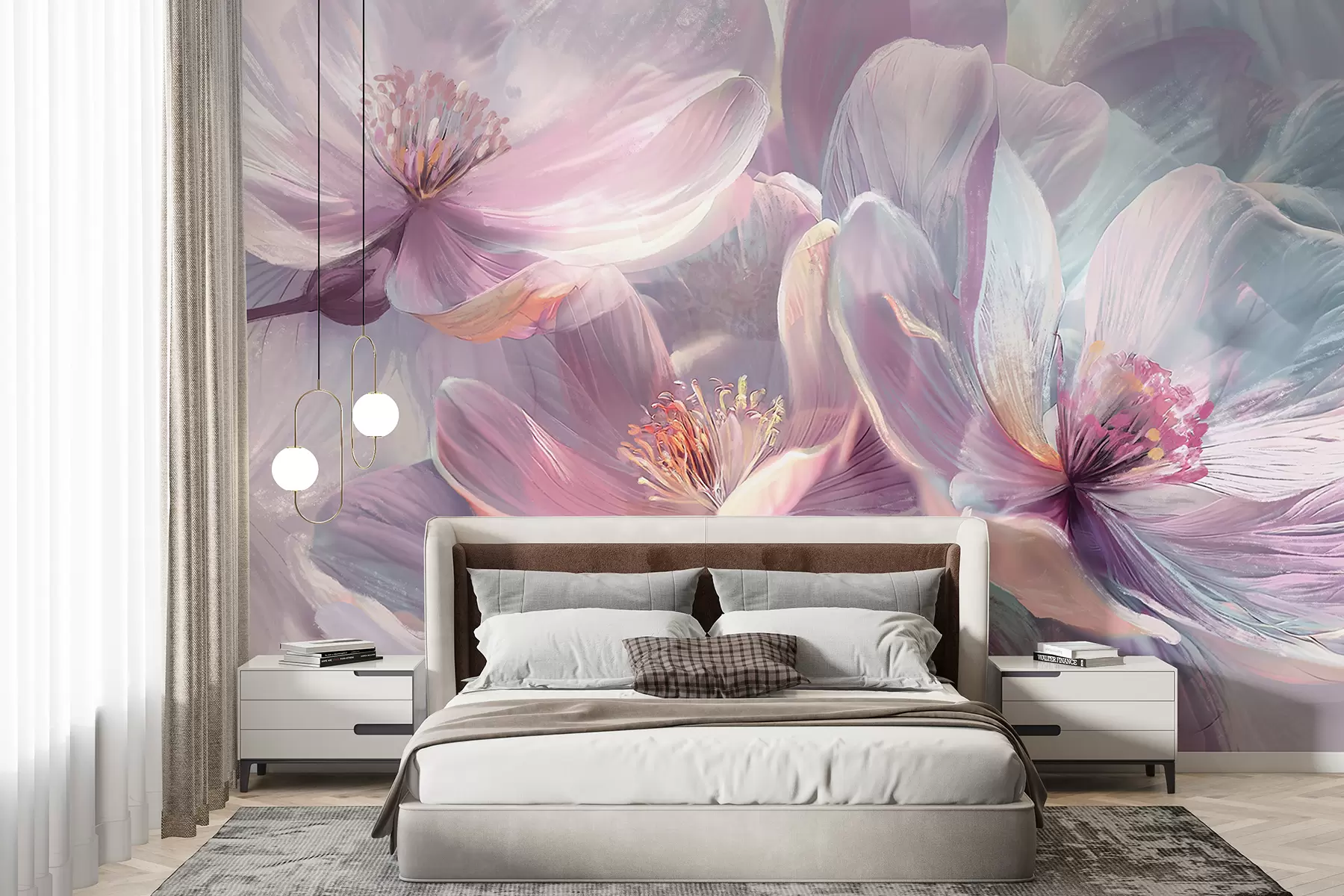 fototapeter Delikat gjennomsiktig pastell neon lys rosa og hvite blomster med myk, uskarp bakgrunn w01307