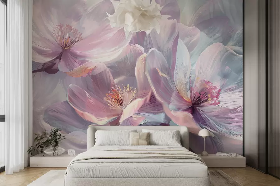 fototapeter Delikat gjennomsiktig pastell neon lys rosa og hvite blomster med myk, uskarp bakgrunn w01307