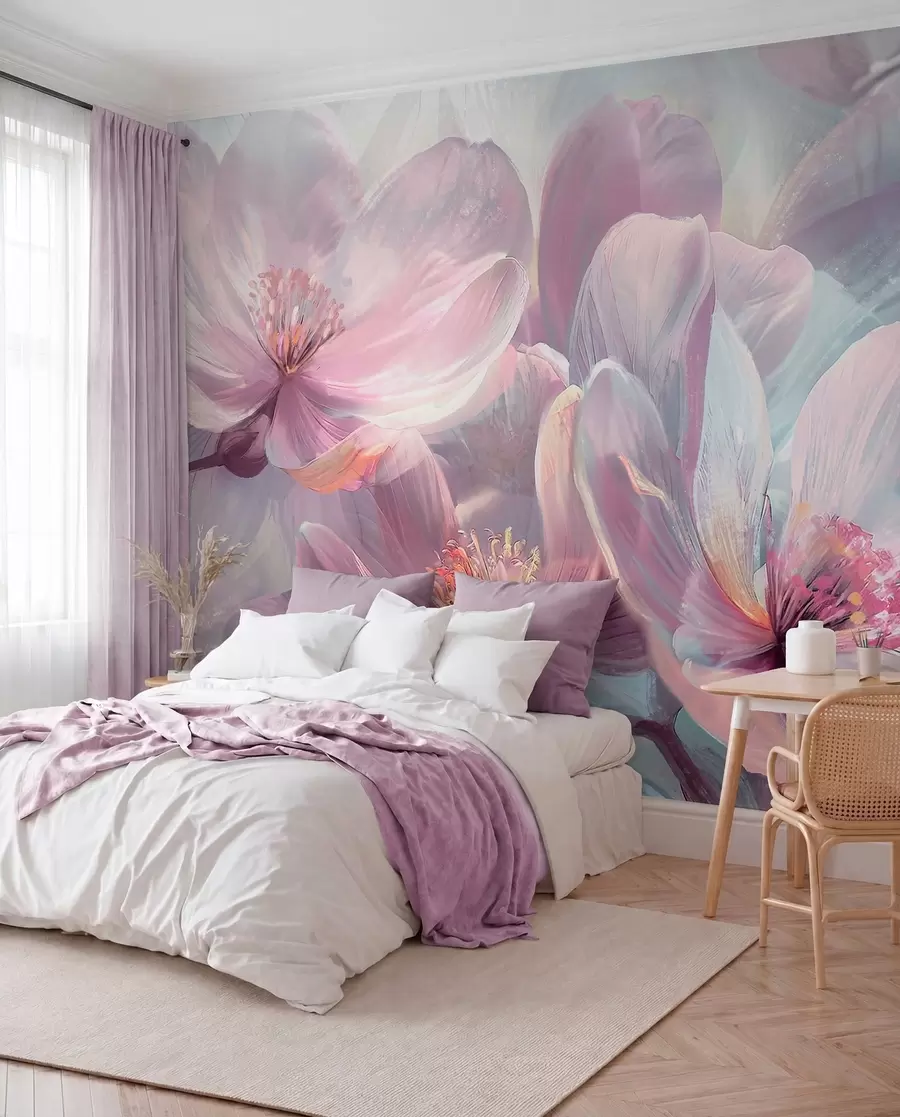 fototapeter Delikat gjennomsiktig pastell neon lys rosa og hvite blomster med myk, uskarp bakgrunn w01307
